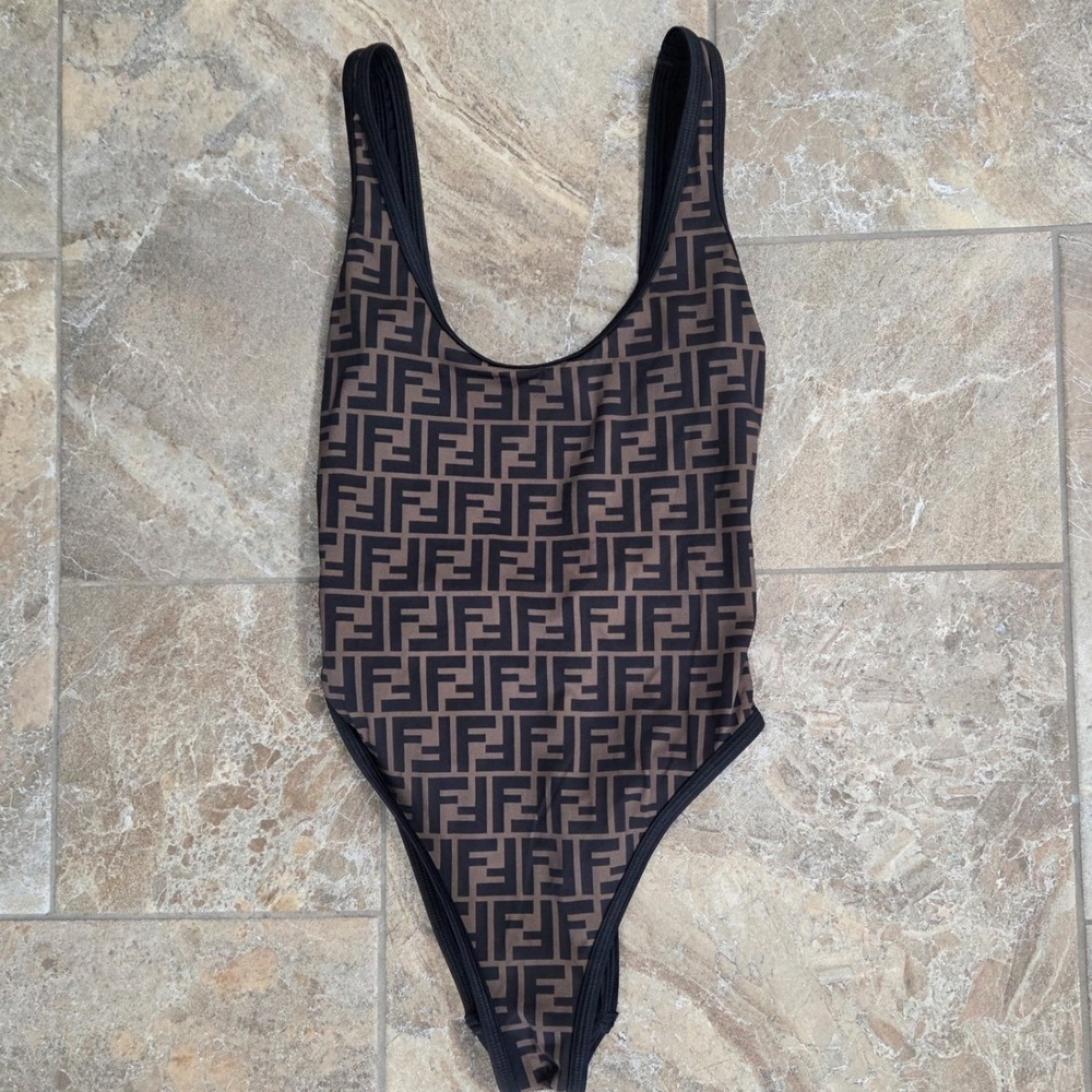 Fendi Zucca FF Monogram One Piece Swimsuit Brown Black FXB922 USA 2 IT 38